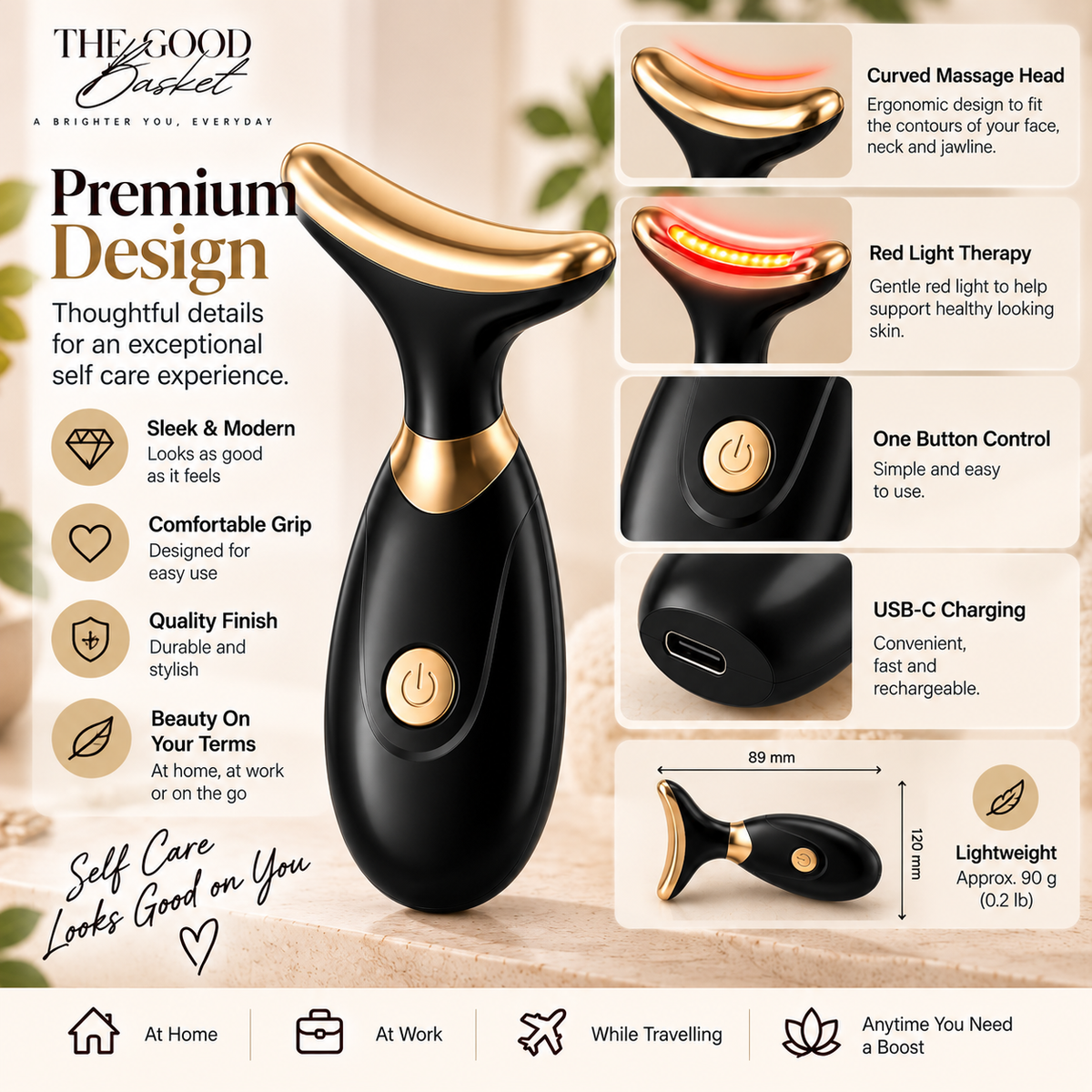 Black and gold facial and neck beauty massager with close-up design and control details.