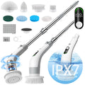 Vaxbree Electric Spin Scrubber with LED Display IPX7 Waterproof Powerful Shower Scrubber 2H Runtime 2 Speeds Adjustable Handle 8 Brush Heads for Bathtub Tile Car-Grey and White