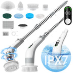 Vaxbree Electric Spin Scrubber with LED Display IPX7 Waterproof Powerful Shower Scrubber 2H Runtime 2 Speeds Adjustable Handle 8 Brush Heads for Bathtub Tile Car-Grey and White