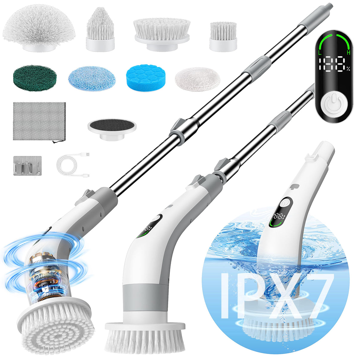 Vaxbree Electric Spin Scrubber with LED Display IPX7 Waterproof Powerful Shower Scrubber 2H Runtime 2 Speeds Adjustable Handle 8 Brush Heads for Bathtub Tile Car-Grey and White