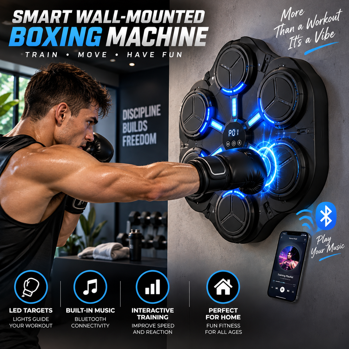 Smart Wall-Mounted Boxing Machine – Music & LED Trainer