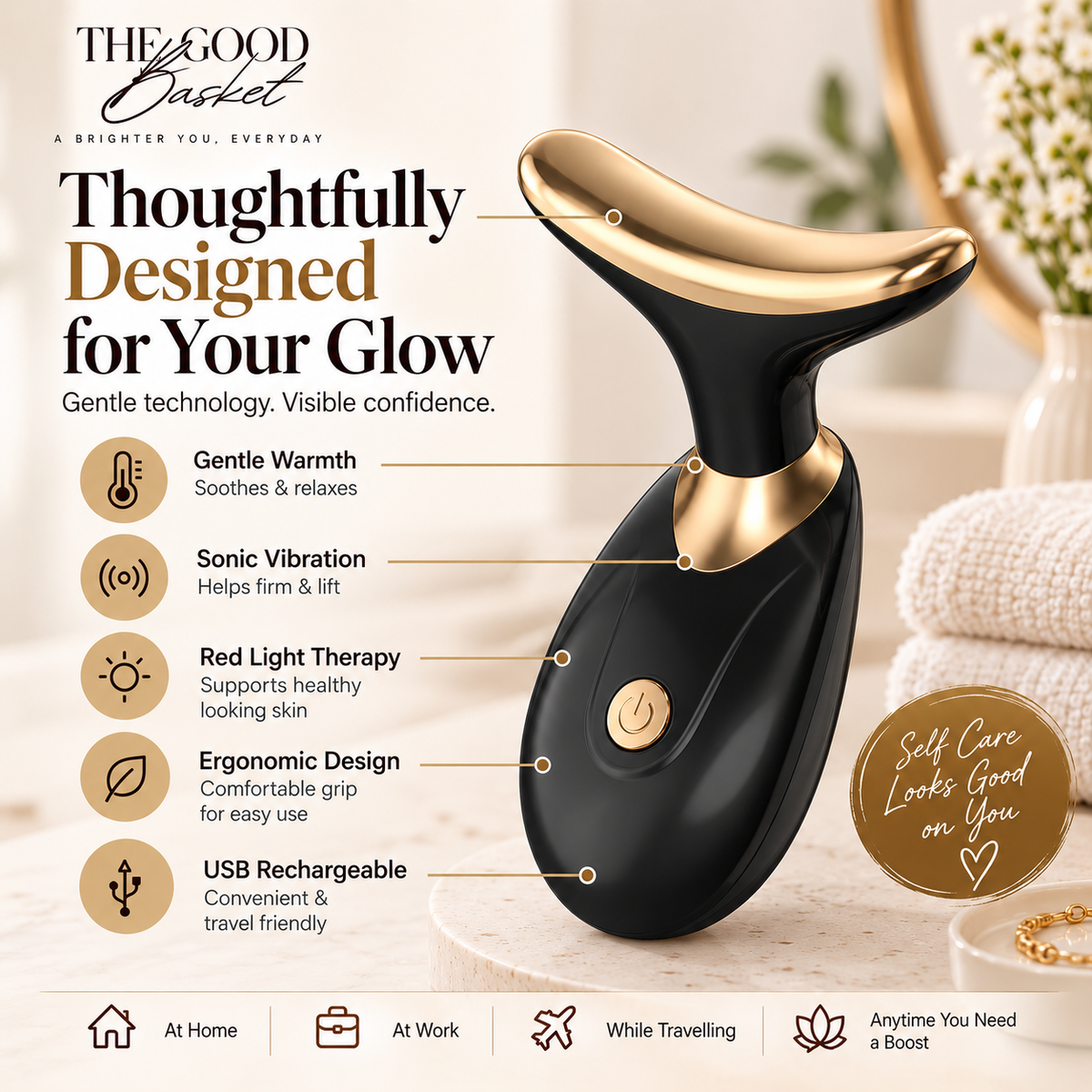 Black and gold facial and neck beauty massager with product feature callouts by The Good Basket