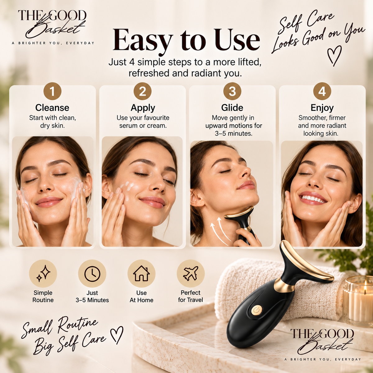 Four-step guide showing how to use The Good Basket facial and neck beauty massager.