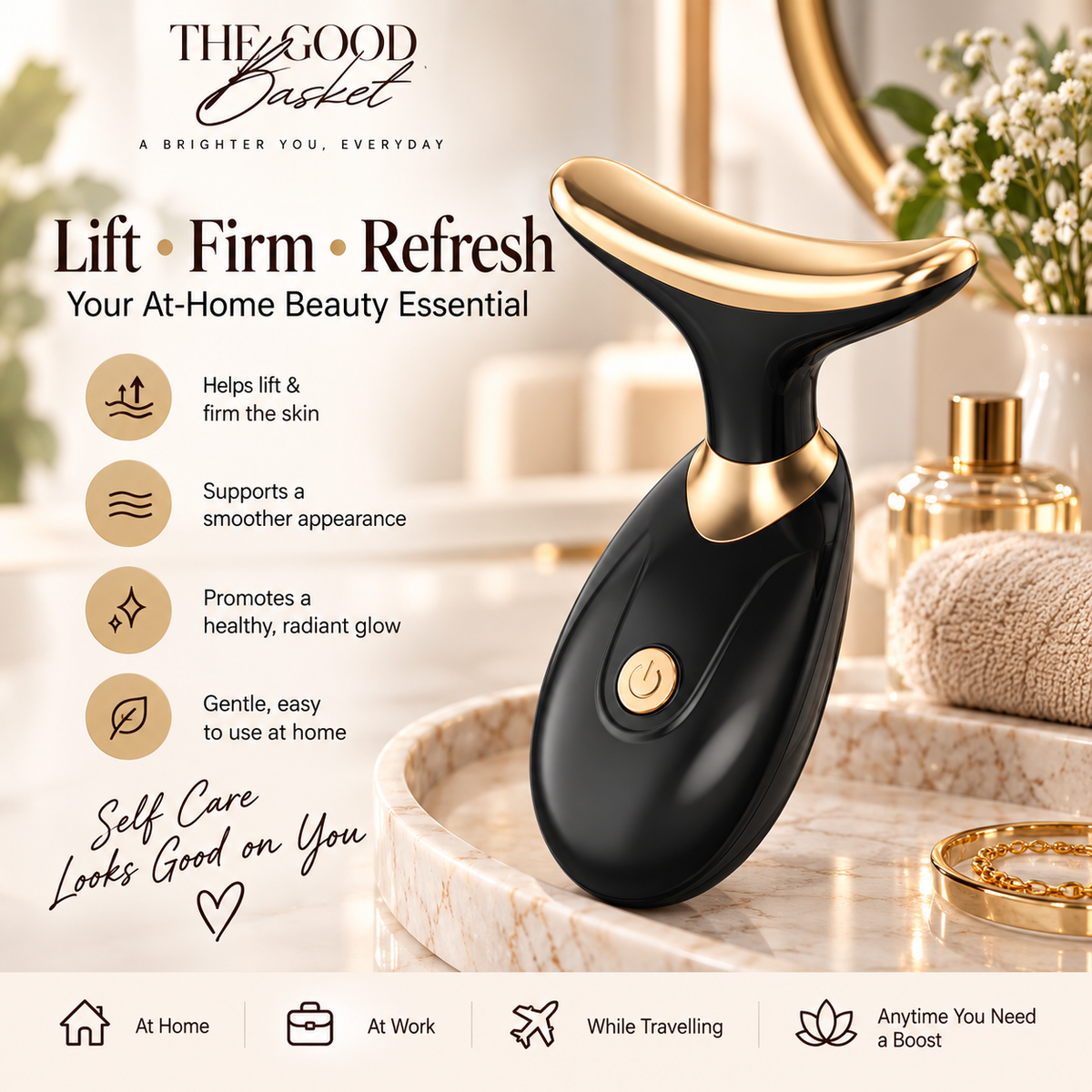 Black and gold facial and neck beauty massager with Lift, Firm and Refresh features by The Good Basket